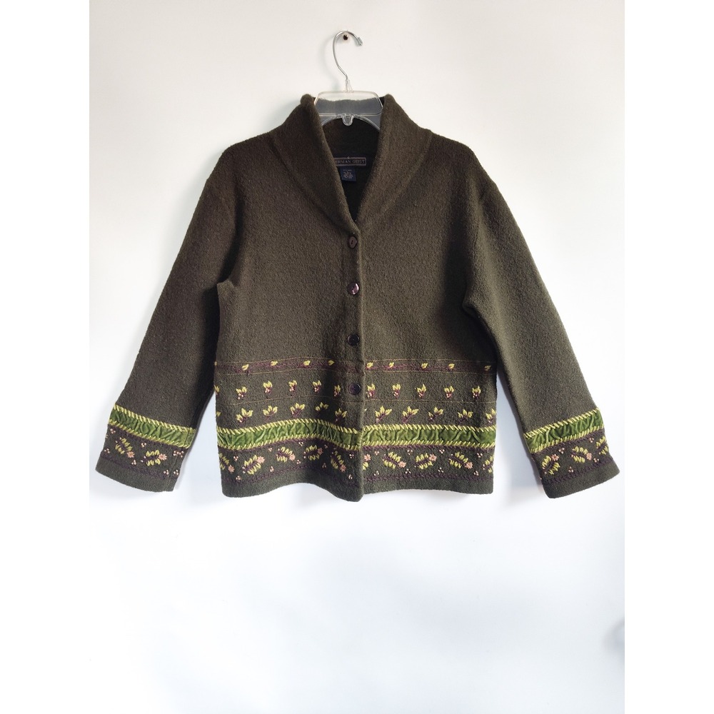 Vintage Herman Geist Cardigan Large 100% Wool Green Embroidered Cottage Grandma